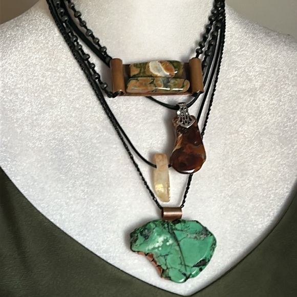 4 Artisan Gemstone Set Citrine Turquoise Agate Pendant Cord Necklace Collection